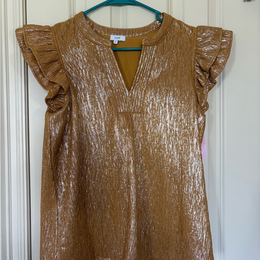 Gold V-Neck Flutter Sleeve Blouse